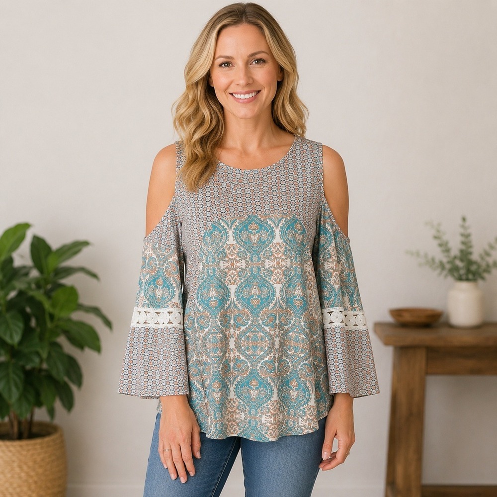 New Directions Hippie Boho Cold Shoulder‎ Paisley Print Crochet Bell Sleeve Top